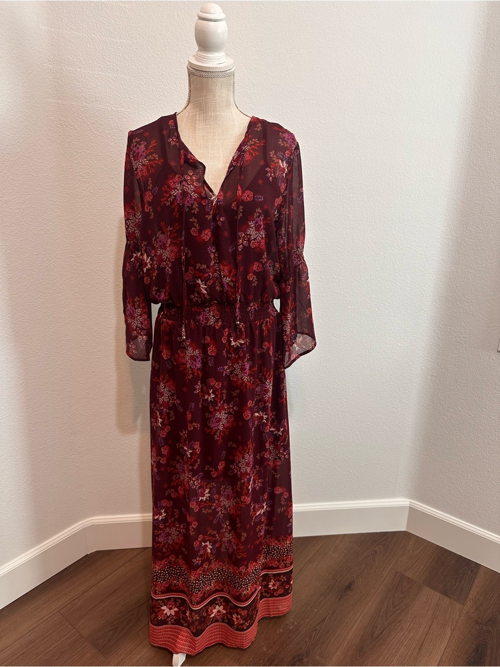 lovestitch Burgundy Floral Maxi Dress with Border Print